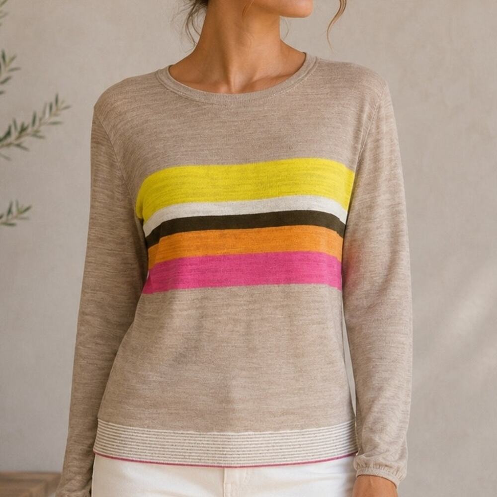 Trina Turk Tan Stripe Cotton Blend Crew neck Sweater XS